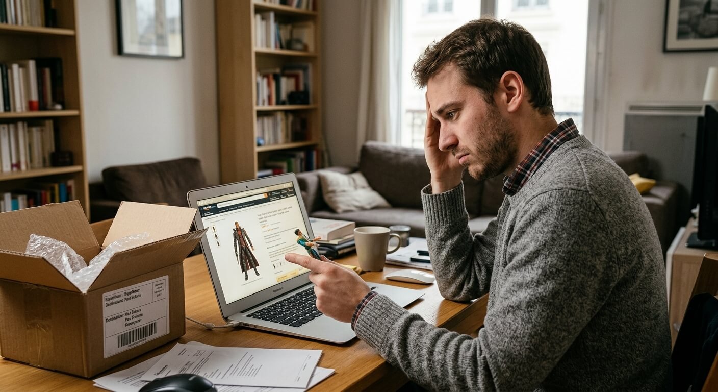 Un acheteur déçu comparant l'objet reçu dans son carton avec l'image affichée sur son ordinateur.