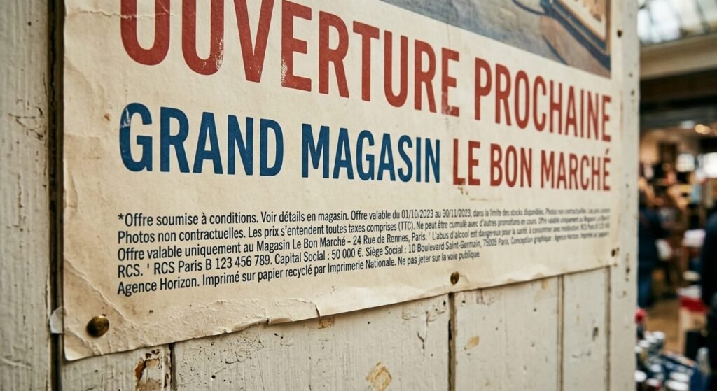 Mention "Photo non contractuelle" : quels sont vos droits de consommateur ? 3 Gros plan sur les petites lignes de texte écrites au bas d'une公 affiche publicitaire de magasin.