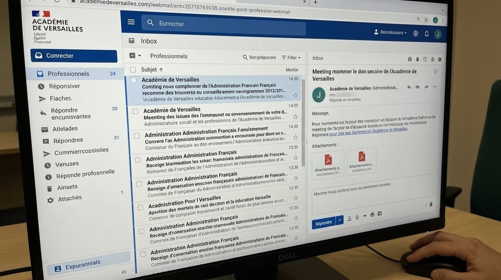 Consultation des courriels professionnels sur l'interface du webmail académique de Versailles.