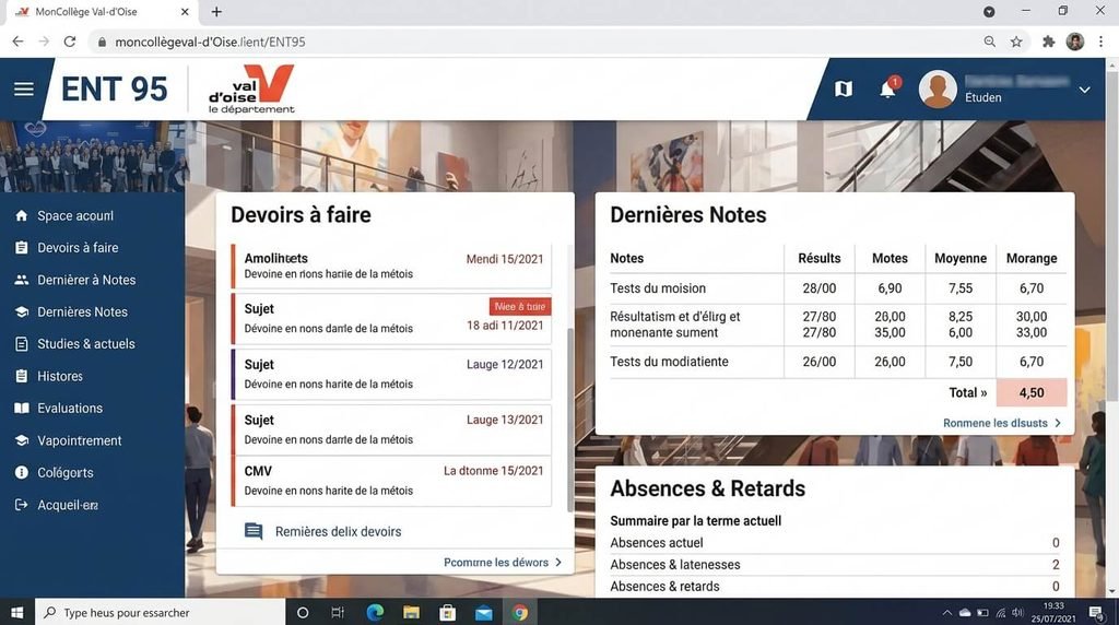 Consultation des devoirs, notes et absences sur l'espace numérique du collège du Val-d'Oise.