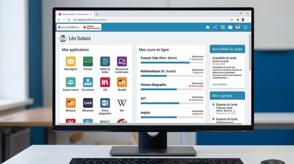Tableau de bord des applications et cours en ligne sur l'ENT Monlycee.net.
