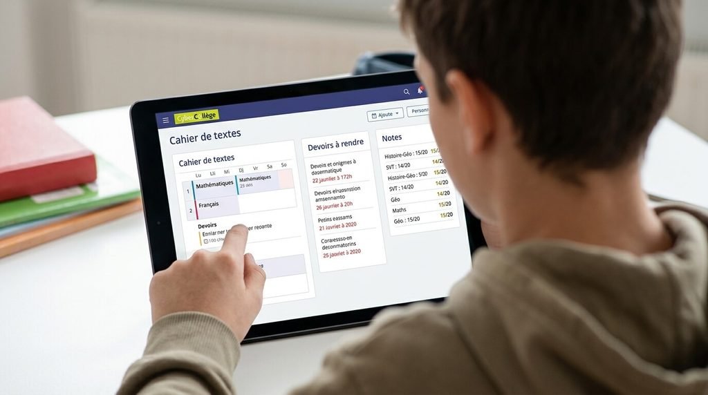 Consultation du cahier de textes, des devoirs et des notes sur l'espace élève Cybercollège.