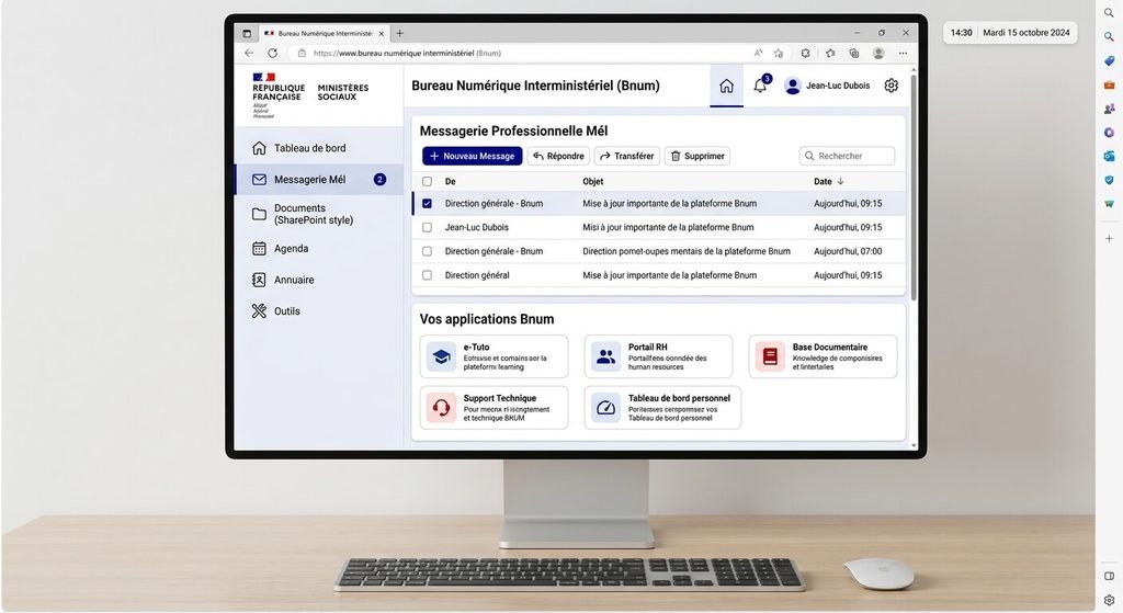 Interface du bureau numérique interministériel Bnum et messagerie professionnelle Mél.