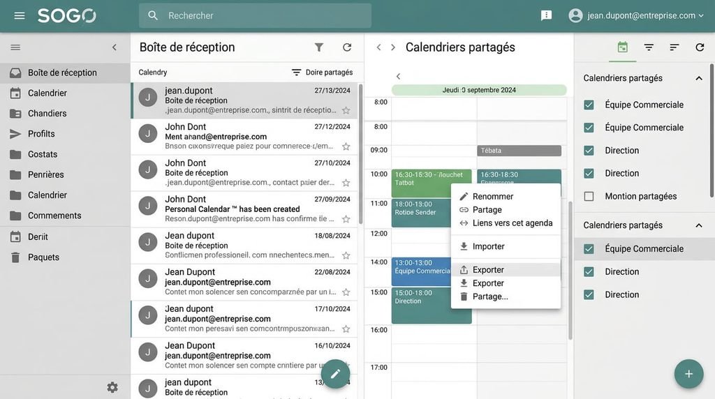 SOGo Lille : connexion au webmail académique, Eduline et messagerie 4 Interface de messagerie professionnelle SOGo avec boite de réception et calendrier partagé.