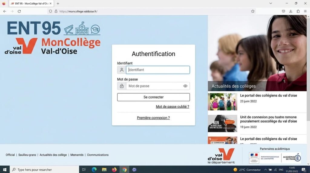 Page d'authentification du portail numérique scolaire ENT 95 MonCollège Val-d'Oise.