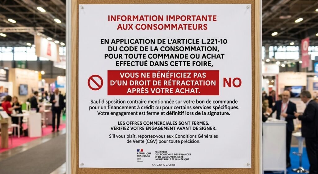 Affiche réglementaire obligatoire mentionnant l'absence de droit de rétractation en foire.