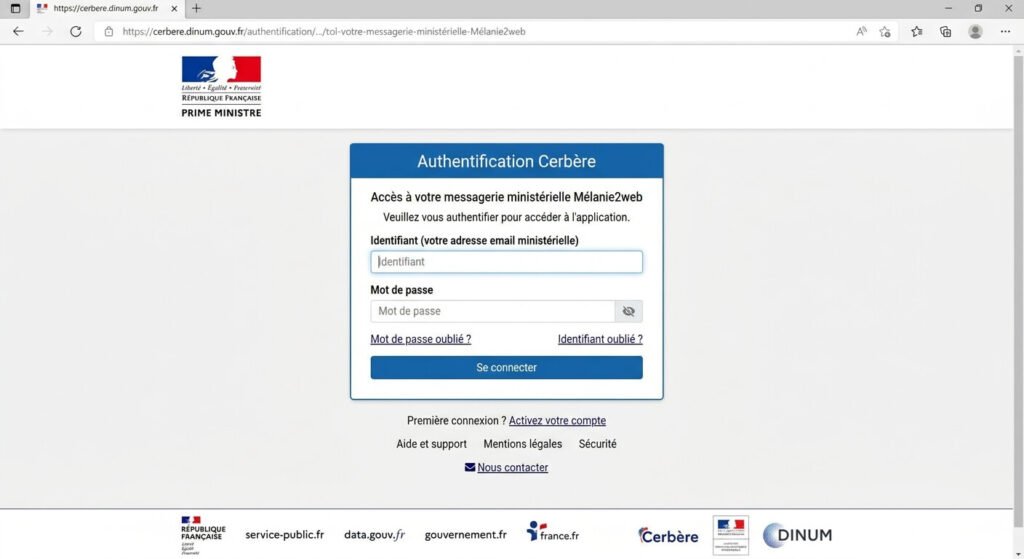 Page d'authentification Cerbère pour l'accès à la messagerie ministérielle Mélanie2web.