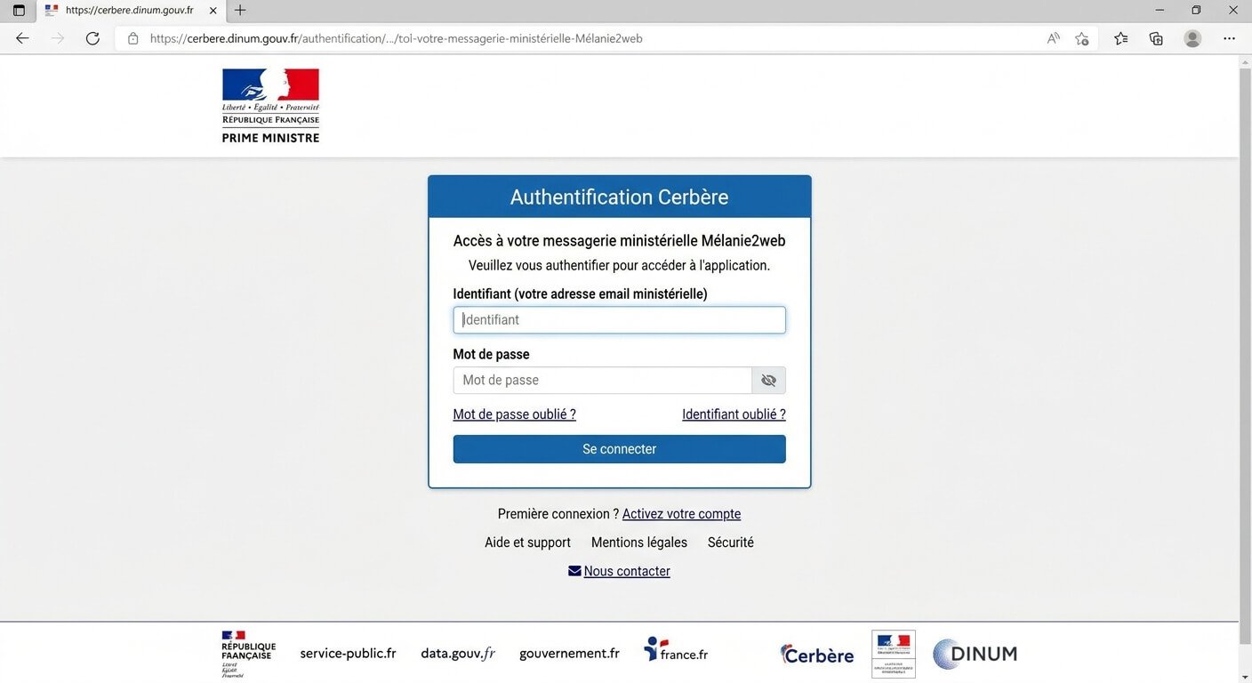 Page d'authentification Cerbère pour l'accès à la messagerie ministérielle Mélanie2web.