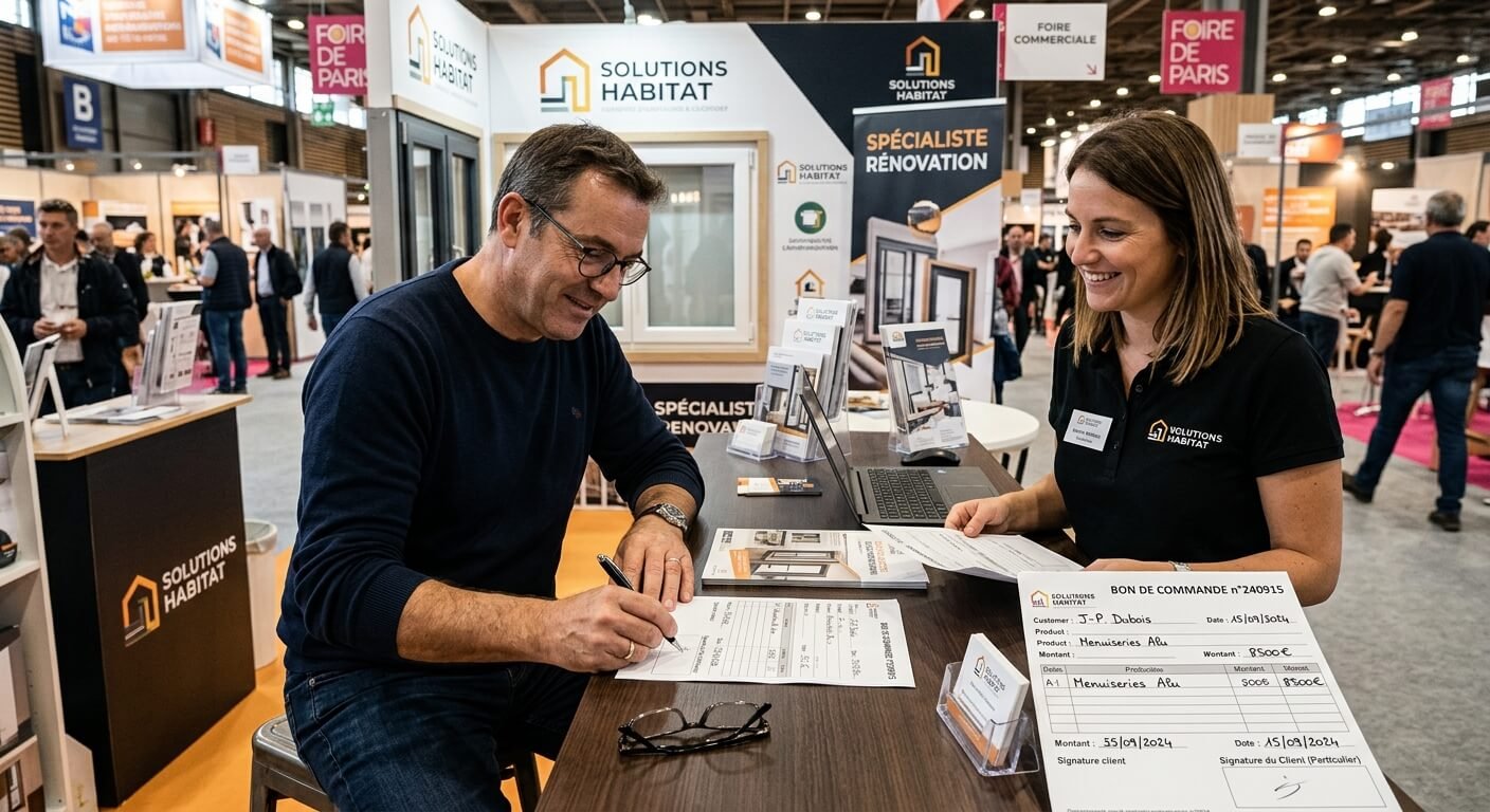 Particulier signant un bon de commande sur un stand lors d'une foire commerciale.