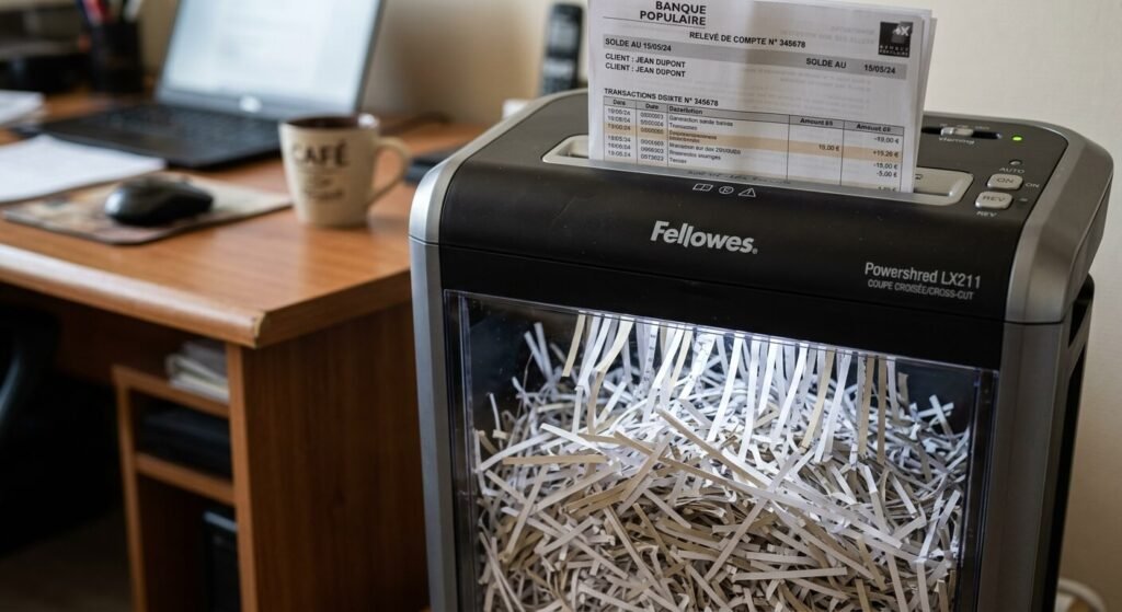 Feuilles de relevés bancaires découpées en bandelettes fines par un broyeur de bureau.