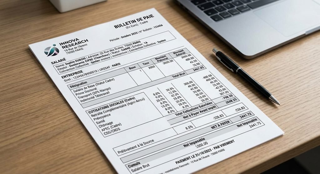 Fiche de paie d'un doctorant en contrat CIFRE avec le statut cadre en entreprise.
