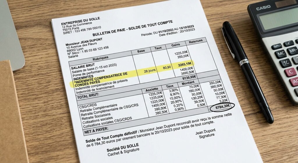 Bulletin de paie et solde de tout compte détaillant l'indemnité compensatrice de congés payés.