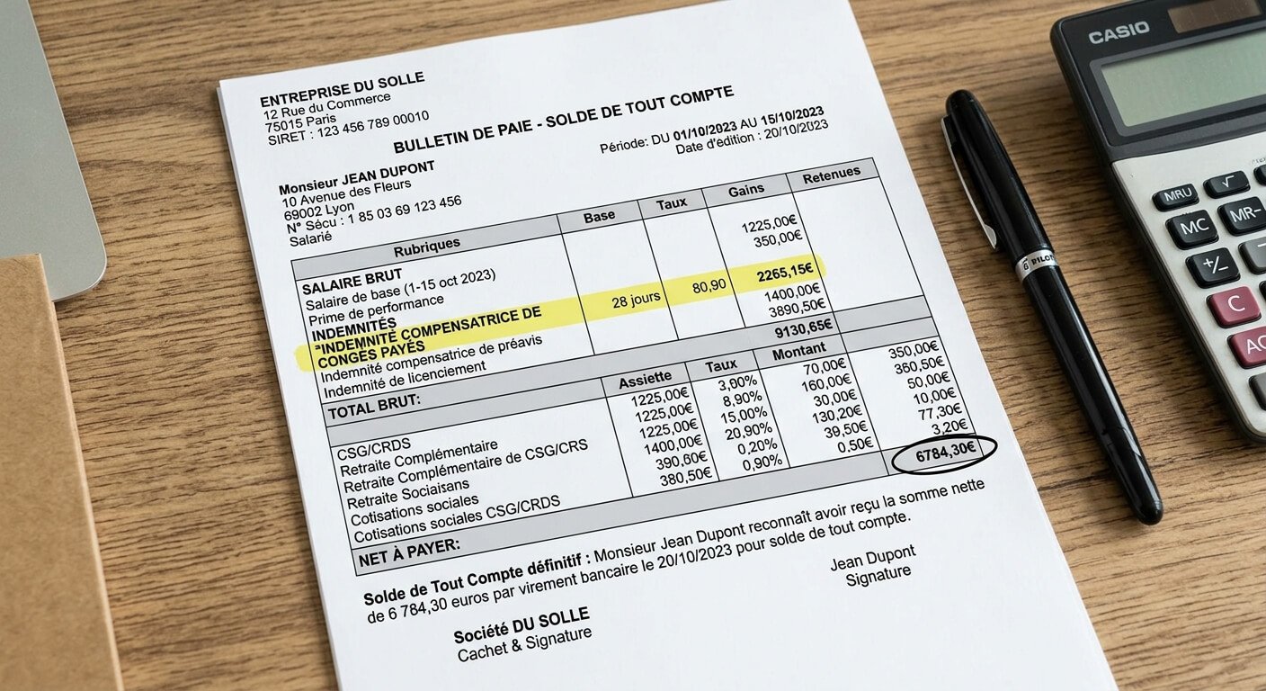 Bulletin de paie et solde de tout compte détaillant l'indemnité compensatrice de congés payés.