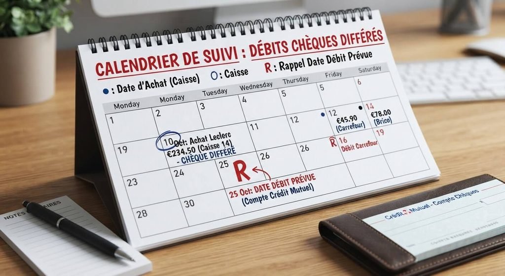 Calendrier annoté pour surveiller la date de débit sur le compte bancaire après des achats en chèque différé.