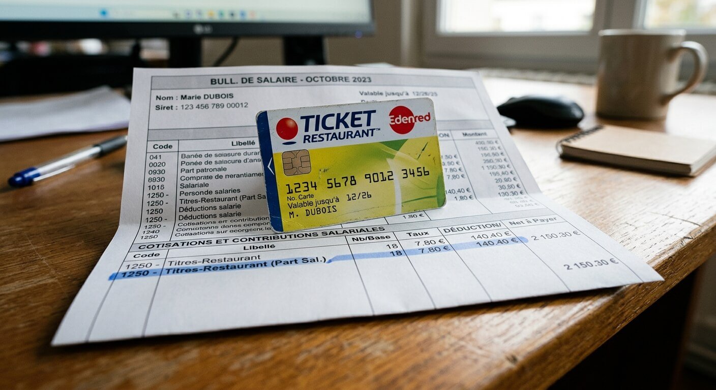 Carte à puce de tickets-restaurant posée sur une fiche de paie montrant la ligne de déduction salariale.