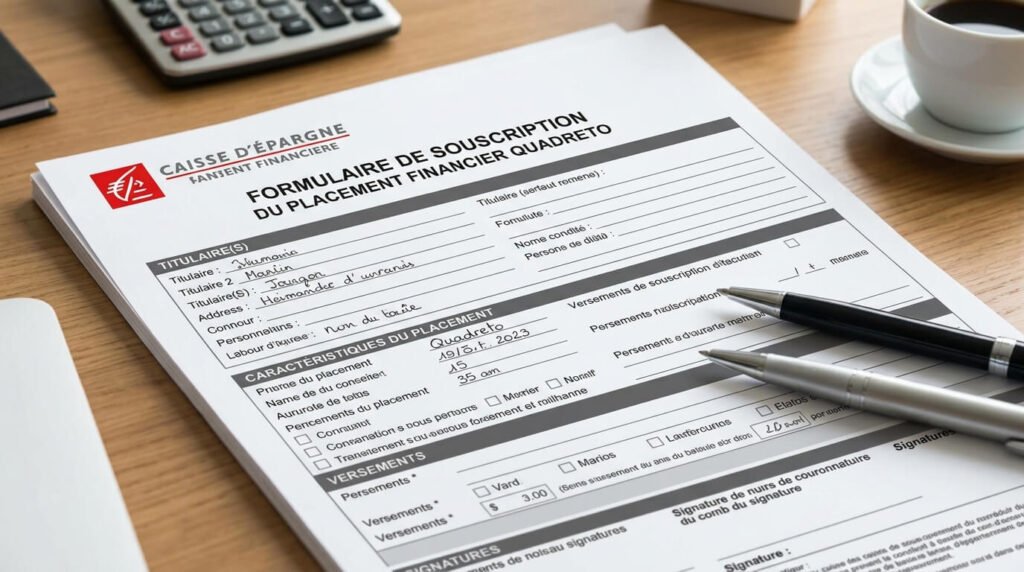 Formulaire de souscription du placement financier Quadreto proposé par la Caisse d'Épargne.