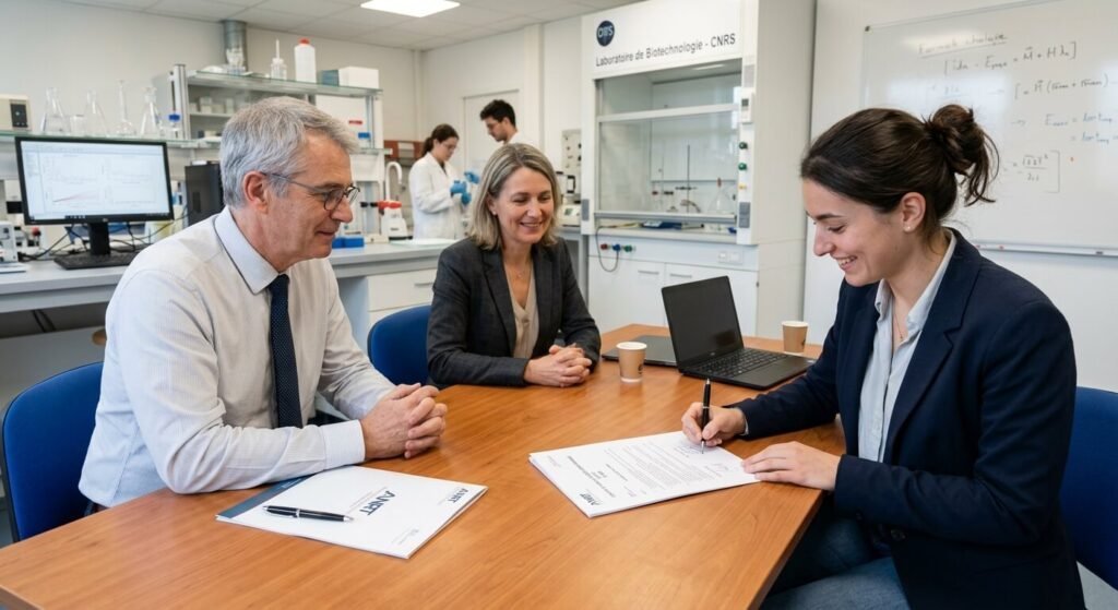 Contrat de travail en CDI/CDD signé entre une entreprise et un jeune chercheur doctorant CIFRE.