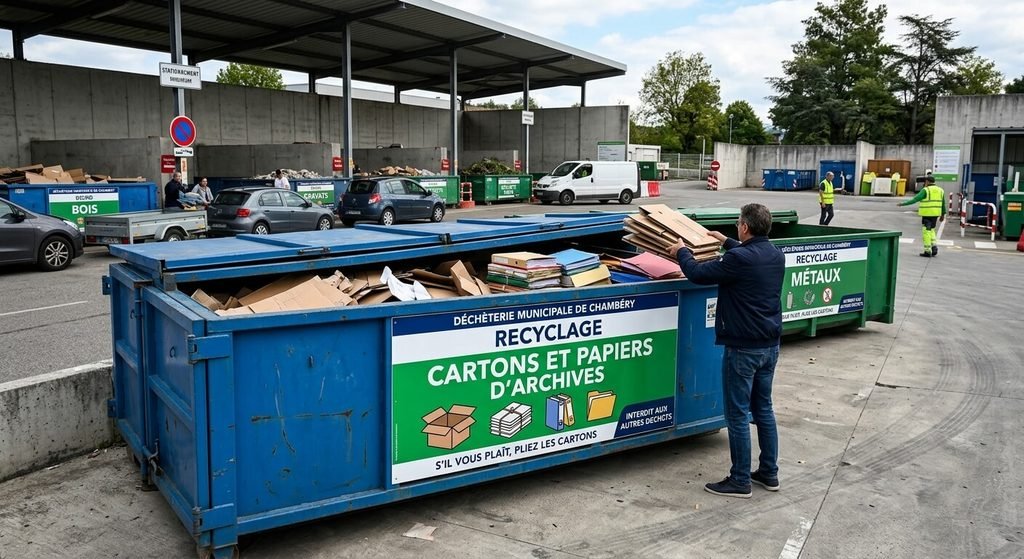 Benne de recyclage réservée aux cartons et papiers d'archives dans une déchèterie municipale.