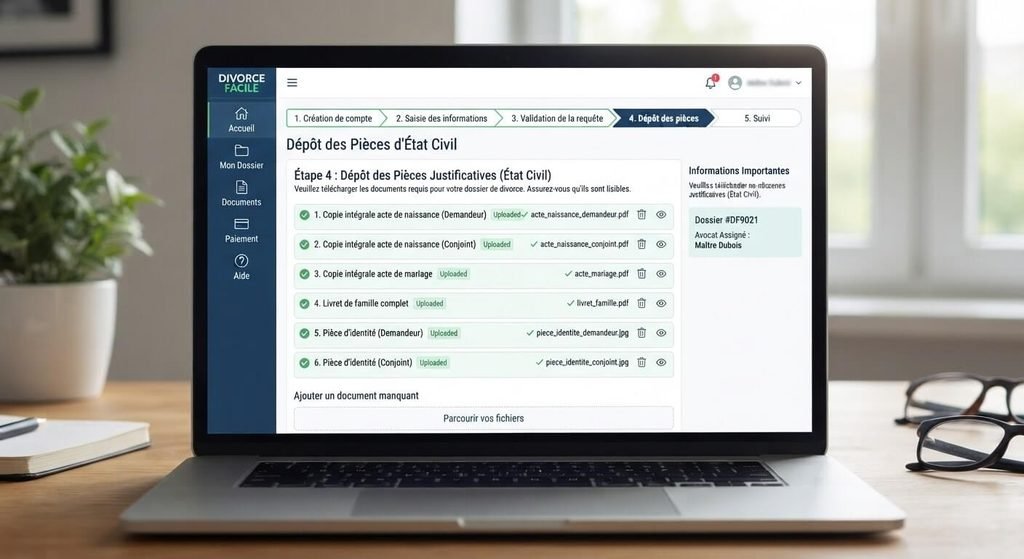 Interface d'une plateforme de divorce en ligne affichant les étapes de dépôt des pièces d'état civil.