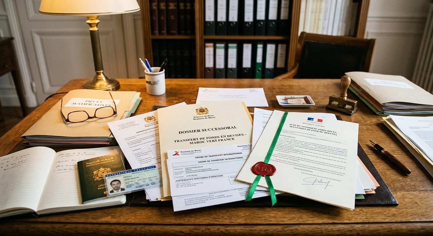 Pièces d'un dossier successoral notarié pour le transfert de fonds en devises du Maroc vers la France.