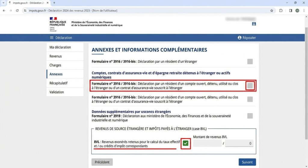 Capture d'écran de la déclaration de revenus en ligne montrant la case 8VL cochée sans formulaire 3916.