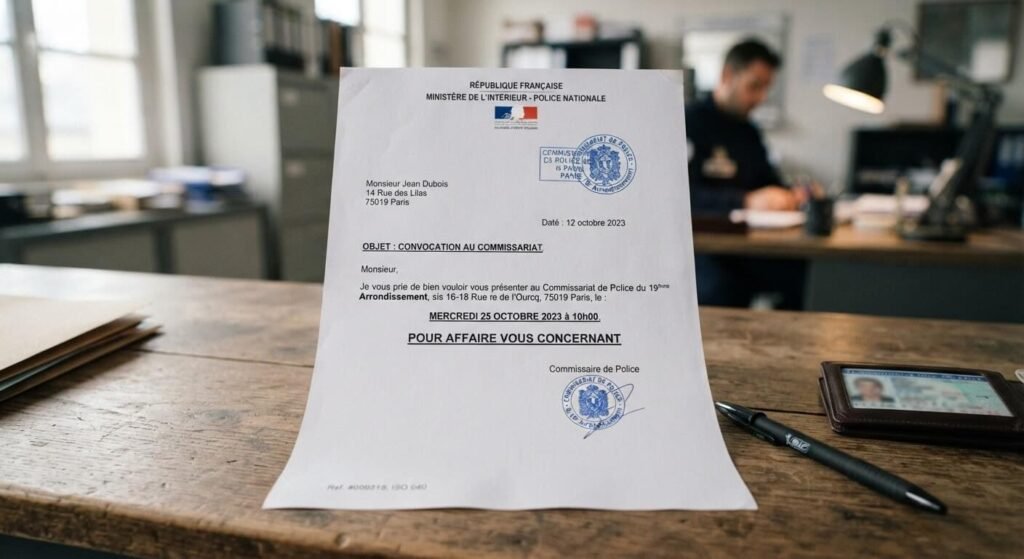 Courrier officiel de convocation au commissariat portant la mention pour affaire vous concernant.