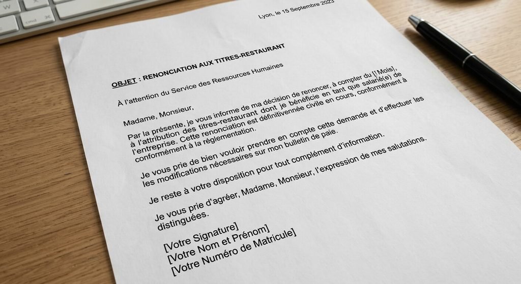 Courrier type de renonciation aux titres-restaurant adressé au service des ressources humaines.