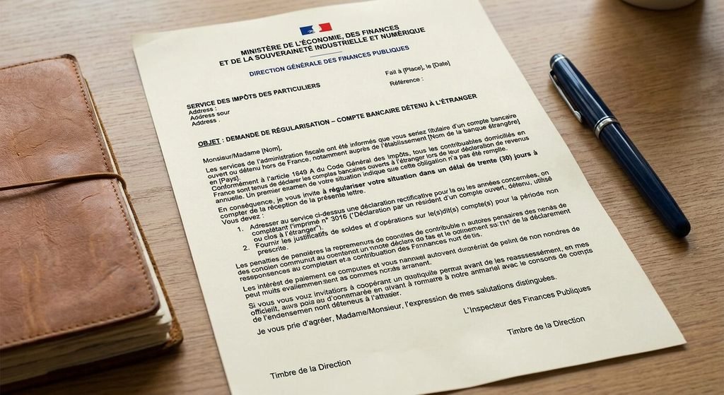 Courrier de l'administration fiscale demandant la régularisation d'un compte bancaire détenu à l'étranger.