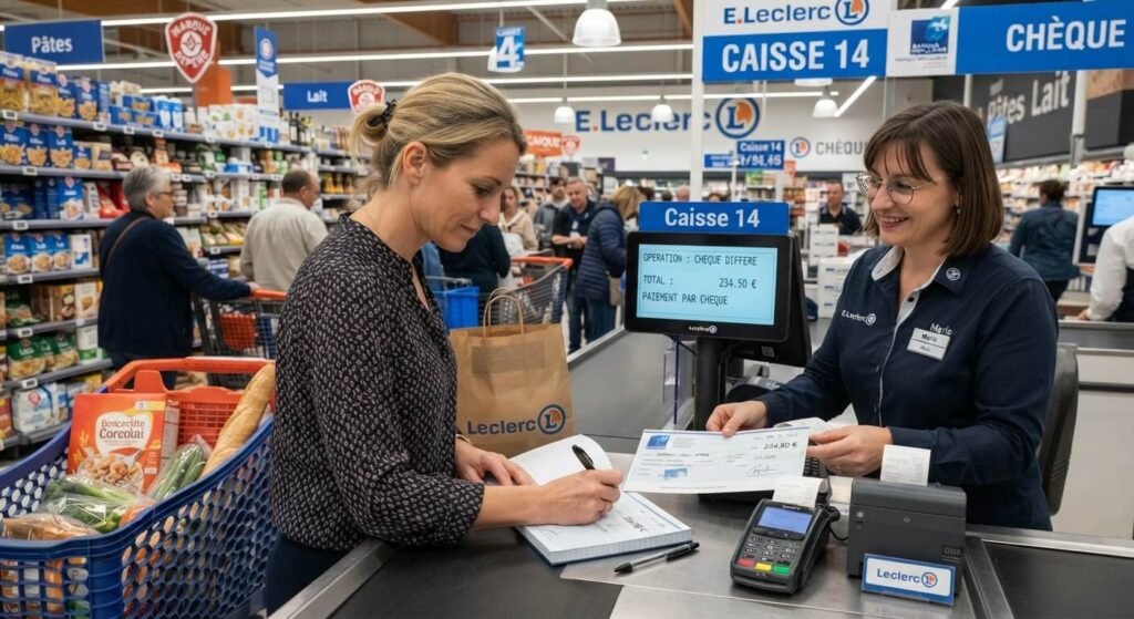 Client signant un chèque bancaire lors d'une opération chèque différé en caisse d'un hypermarché Leclerc.Client signant un chèque bancaire lors d'une opération chèque différé en caisse d'un hypermarché Leclerc.