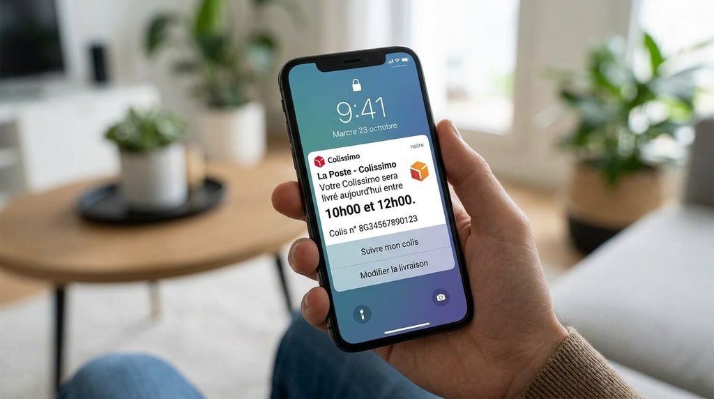 Notification sur smartphone affichant le créneau horaire de livraison d'un colis Colissimo.