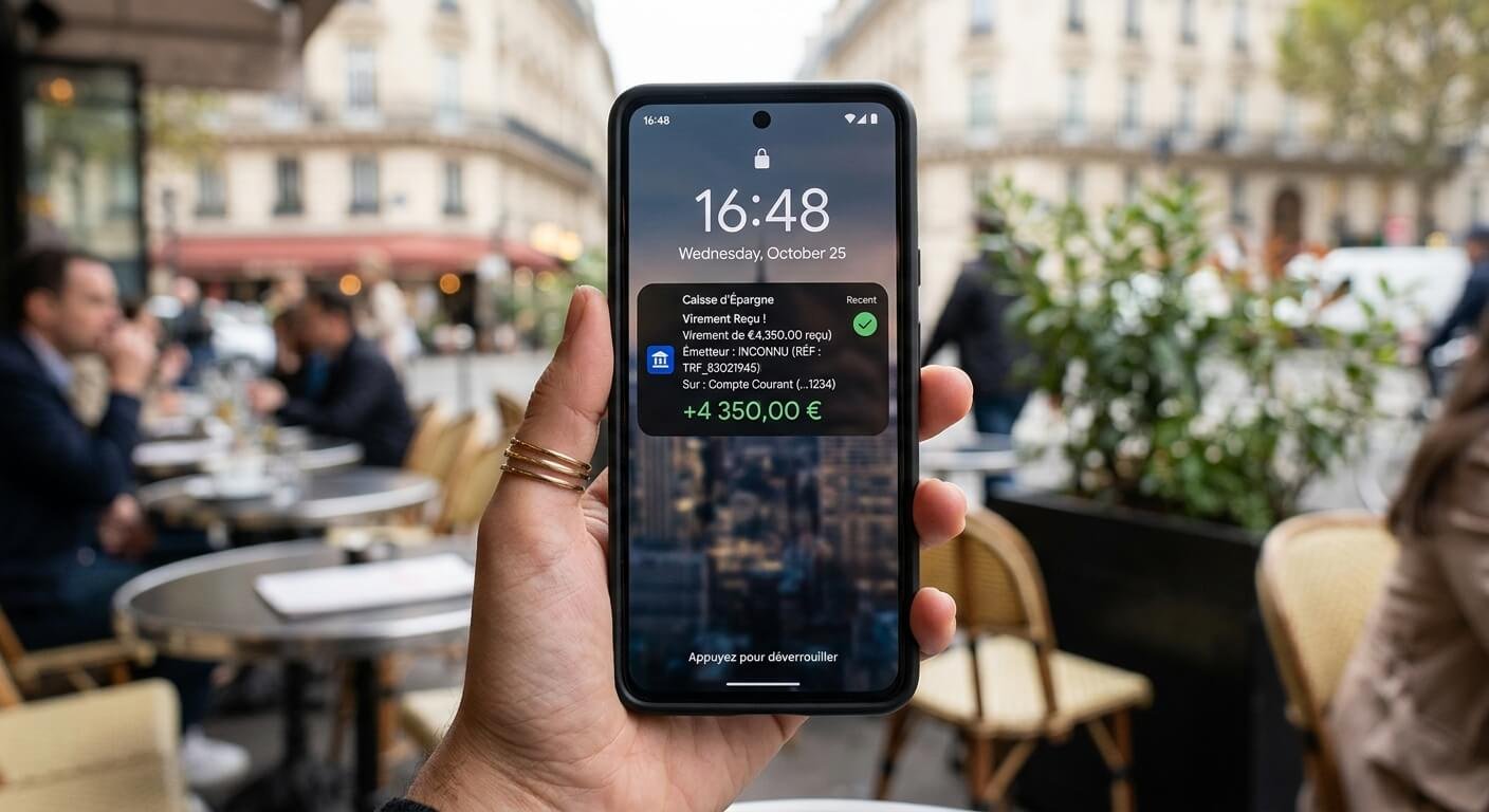 Notification sur smartphone affichant la réception d'un virement bancaire inattendu d'un émetteur inconnu.