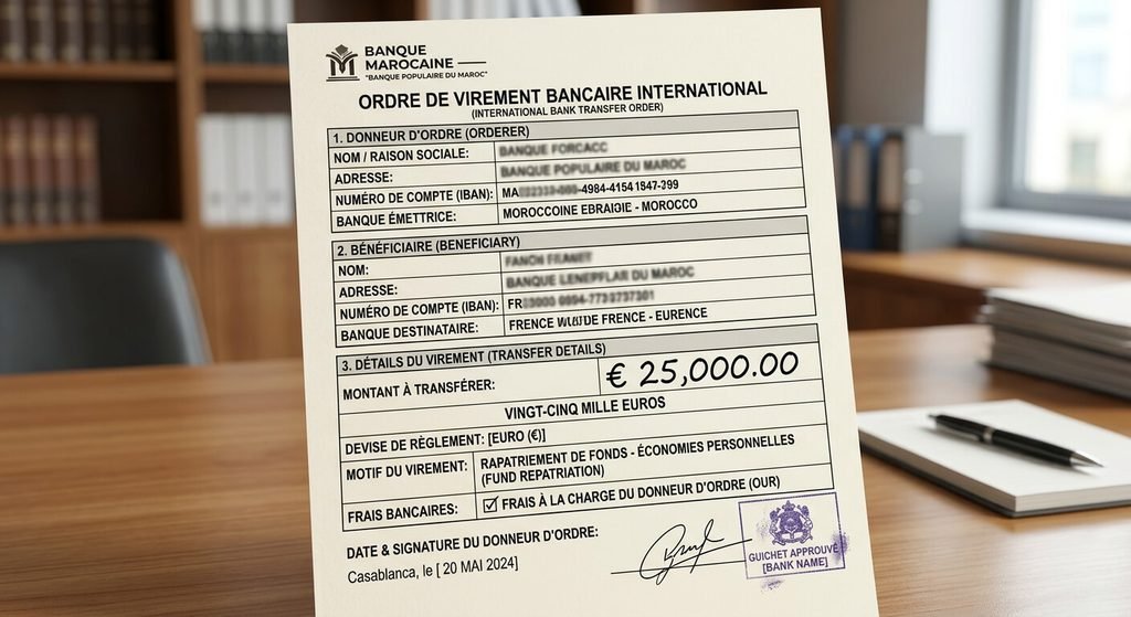 Ordre de virement bancaire international pour rapatrier des fonds en euros depuis une banque marocaine.