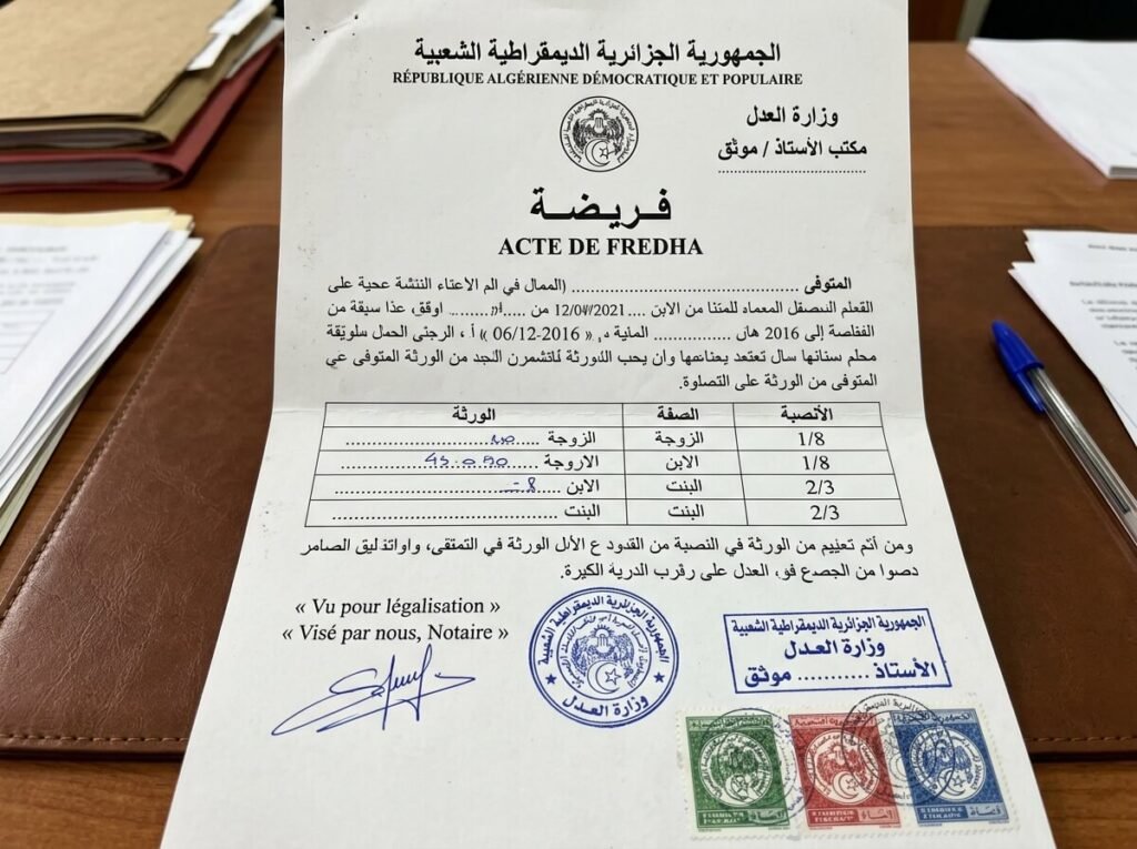 Document officiel de la fredha successorale algérienne visé et tamponné par un notaire.