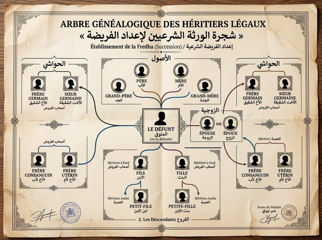 Arbre généalogique dressant la liste des héritiers légaux pour l'établissement de la fredha.