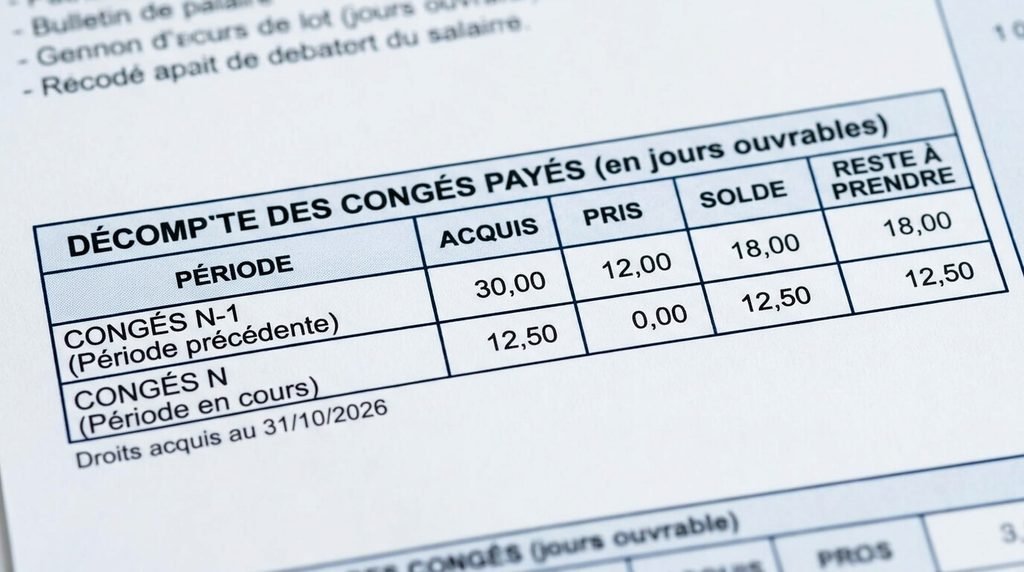 Congés payés et jour de repos le lundi : comment sont décomptés vos jours ? 3 Ligne de décompte des congés payés en jours ouvrables sur un bulletin de salaire.
