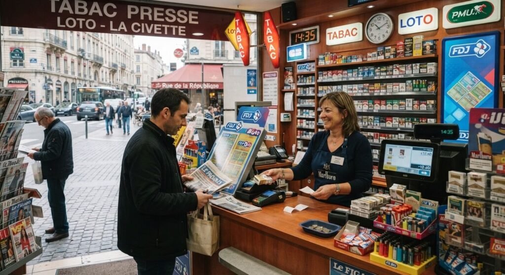 Comptoir de caisse d'un bureau de tabac presse en activité dans une artère passante.