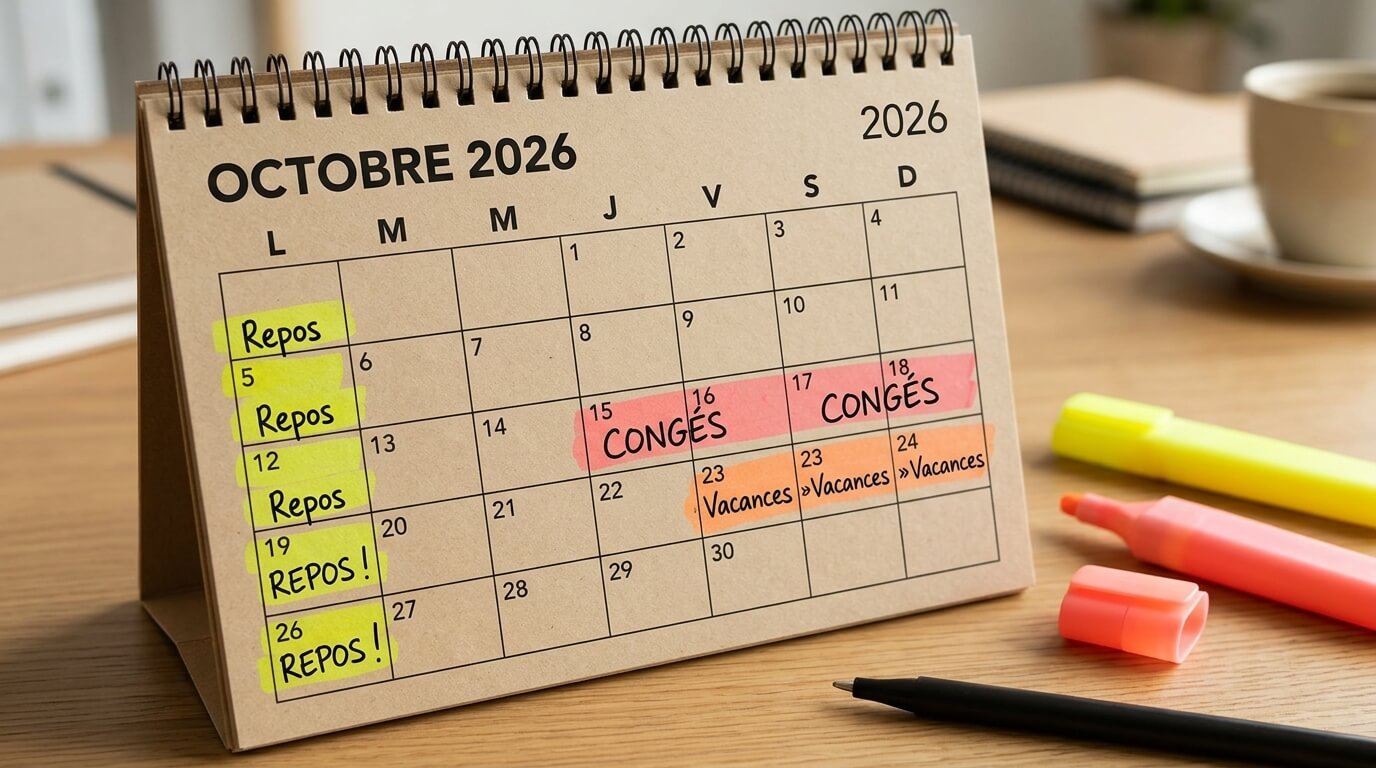 Calendrier de bureau avec des jours de congés et le lundi de repos surlignés au feutre.
